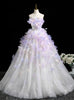 White Tulle Strapless Purple Appliques Dress