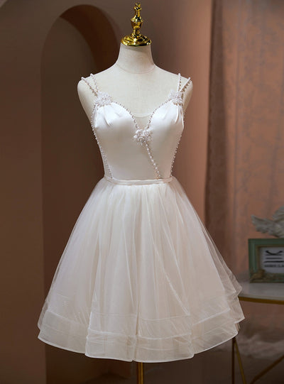 White Tulle Straps Pearls Homecoming Dress