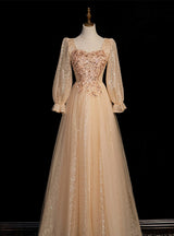 Champagne Tulle Sequins Beading Prom Dress