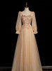 Champagne Tulle Sequins Beading Prom Dress