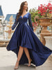 Navy Blue Satin Long Sleeve Prom Dress
