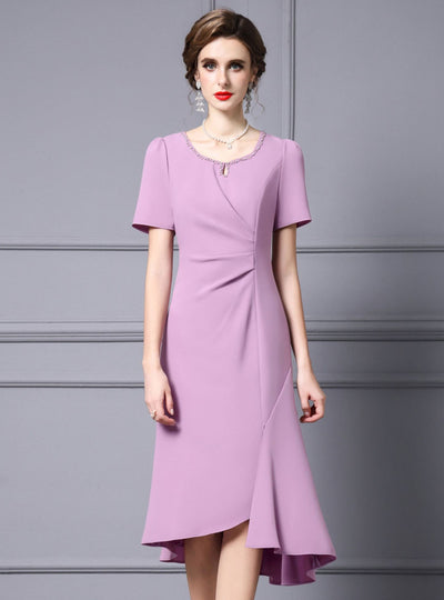 Purple Short Sleeve Pleats Mother Of The Bride Dress