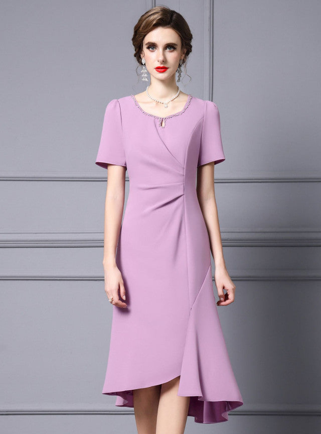 Purple Short Sleeve Pleats Mother Of The Bride Dress