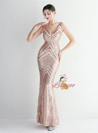 V-neck Mermaid Sequins Prom Dress