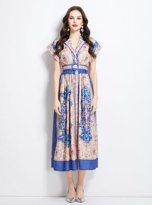 Retro Printed Breasted Slim Dress