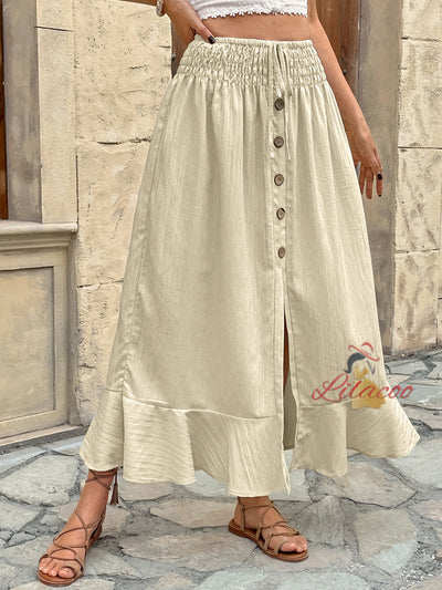 Retro Elastic Waist Button Split Skirt