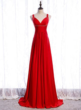 Red V-neck Backless Beading Prom Dress
