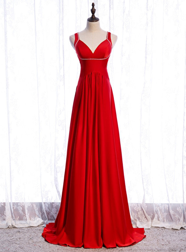 Red V-neck Backless Beading Prom Dress