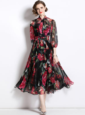 Printed Bow Swing Cropped Sleeve Dress