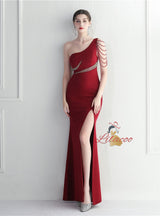 Green One Shoulder Beading Split Prom Dress