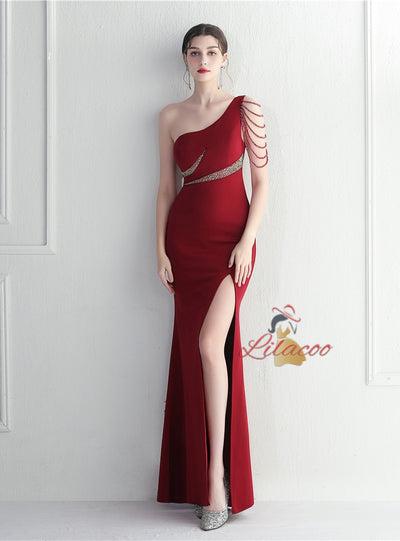 Green One Shoulder Beading Split Prom Dress