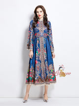 National Style Pattern Stand-up Collar Section Dress
