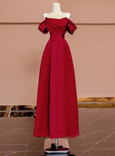 Burgundy Satin Pleats Prom Dress