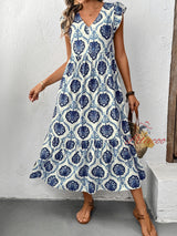 Loose Deep V-neck Printed Long Dress