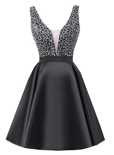 Black Satin V-neck Homecoming Dress