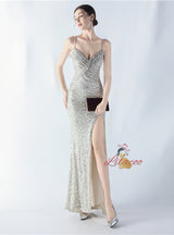 Sequins Straps Beading Split Prom Dress