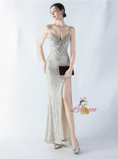 Sequins Straps Beading Split Prom Dress