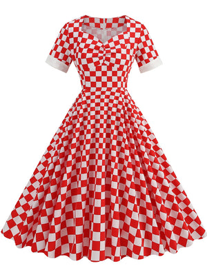 Women Short Sleeve Checkerboard Red Dress