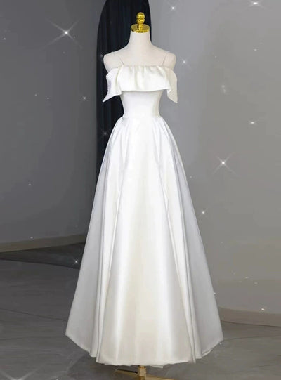 White Satin Spaghetti Straps Wedding Dress