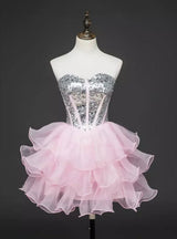 Pink Tulle Sequins Strapless Homecoming Dress