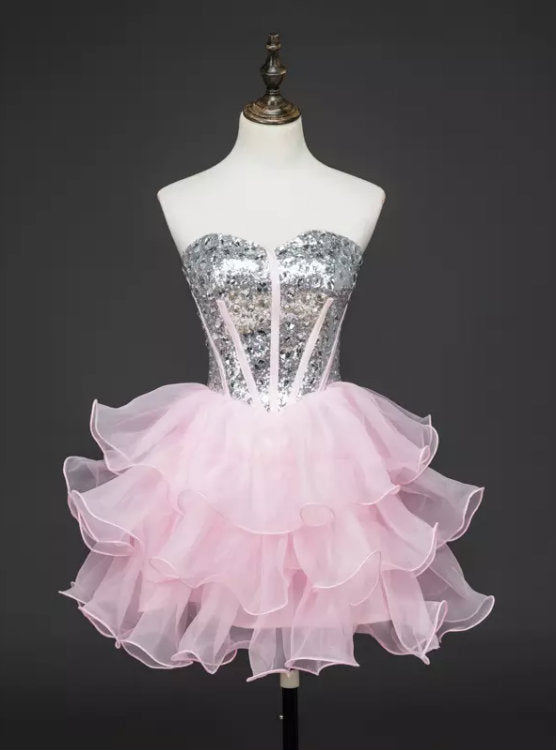 Pink Tulle Sequins Strapless Homecoming Dress