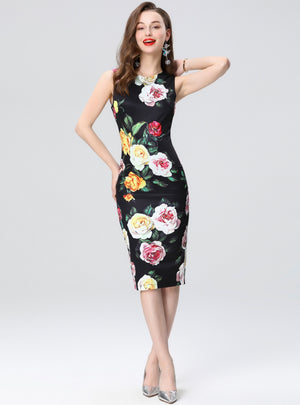 Round Neck Printed Slit Slim Dress