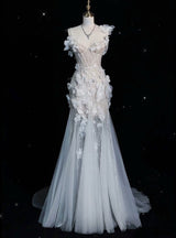 White Mermaid Sequins Flower Wedding Dress
