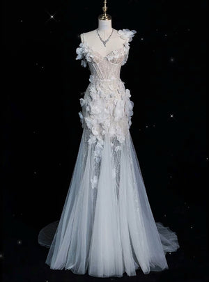 White Mermaid Sequins Flower Wedding Dress