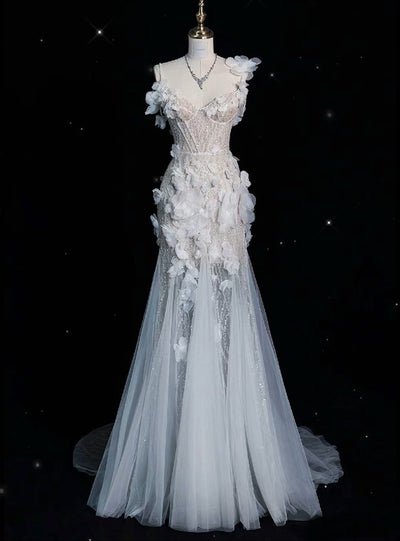 White Mermaid Sequins Flower Wedding Dress