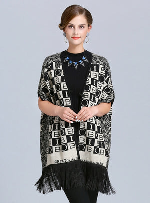 Loose Jacquard Fringed Knit Cardigan Shawl