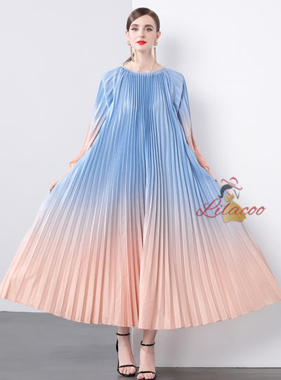 Long Sleeve Print Oversized Pleated Dress