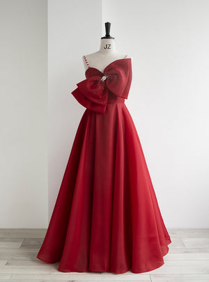 Burgundy Spaghetti Straps Bow Pearls Prom Dress