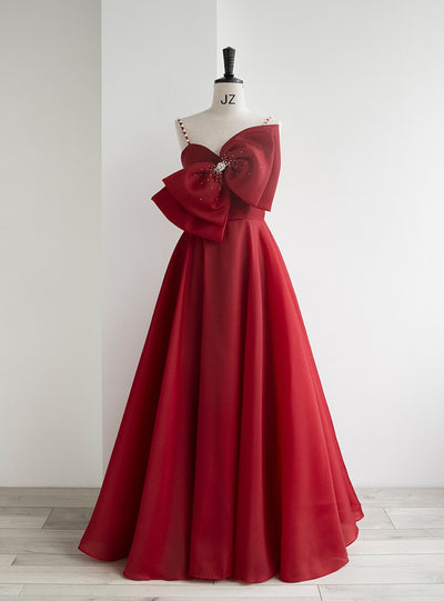 Burgundy Spaghetti Straps Bow Pearls Prom Dress