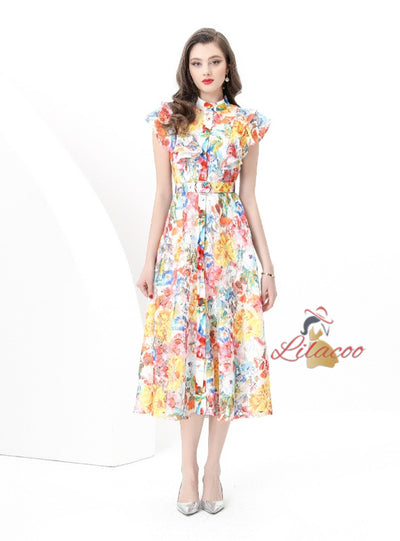 Retro Stand-up Sleeveless Long Printed Dress