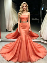 Oragne Mermaid Strapless Prom Dress