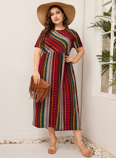 Round Neck Stitching Printed Short Sleeve Dress