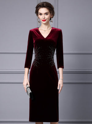 Burgundy Velvet Short Sleeve Mother Of The Bride Dress