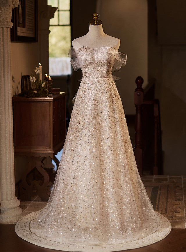 A-Line Champagne Sequins Wedding Dress