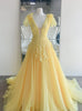 Yellow Tulle V-neck Appliques Prom Dress