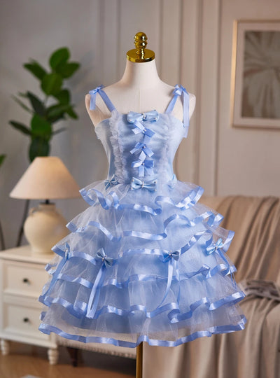 Blue Tulle Straps Bow Homecoming Dress