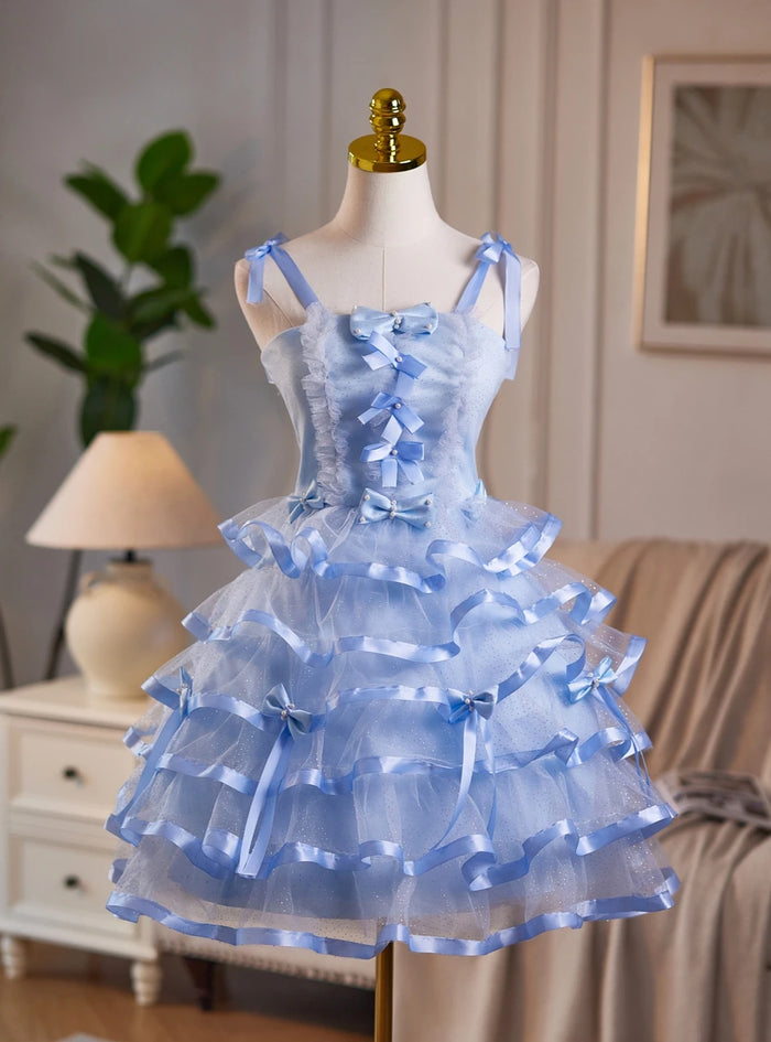 Blue Tulle Straps Bow Homecoming Dress