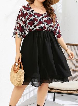 V-neck Rose Printed Chiffon Short-sleeved Dress