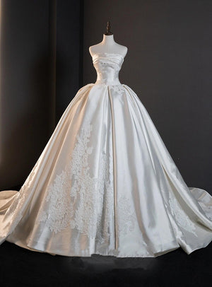 Vintage Ivory Satin Strapless Lace Wedding Dress
