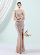 Burgundy Mermaid Sequins Spaghetti Straps Prom Dress