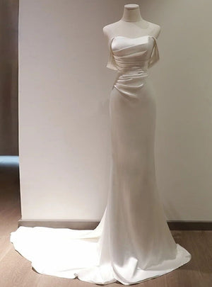 White Mermaid Pleats Off the Shoulder Wedding Dress