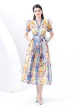Vintage Printed V-neck Mesh Bubble Sleeve Dress