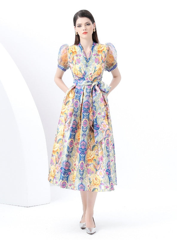 Vintage Printed V-neck Mesh Bubble Sleeve Dress