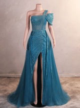 Yellow Tulle One Shoulder Beading Sequins Prom Dress