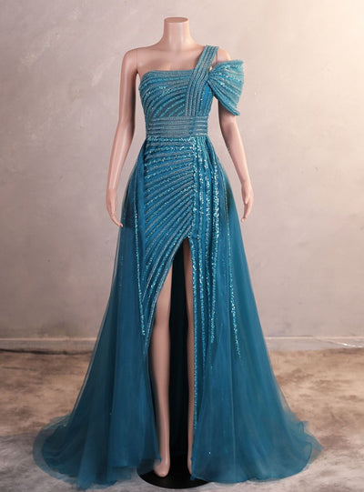 Yellow Tulle One Shoulder Beading Sequins Prom Dress