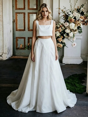 White Two Piece Satin Straps Wedding Dress